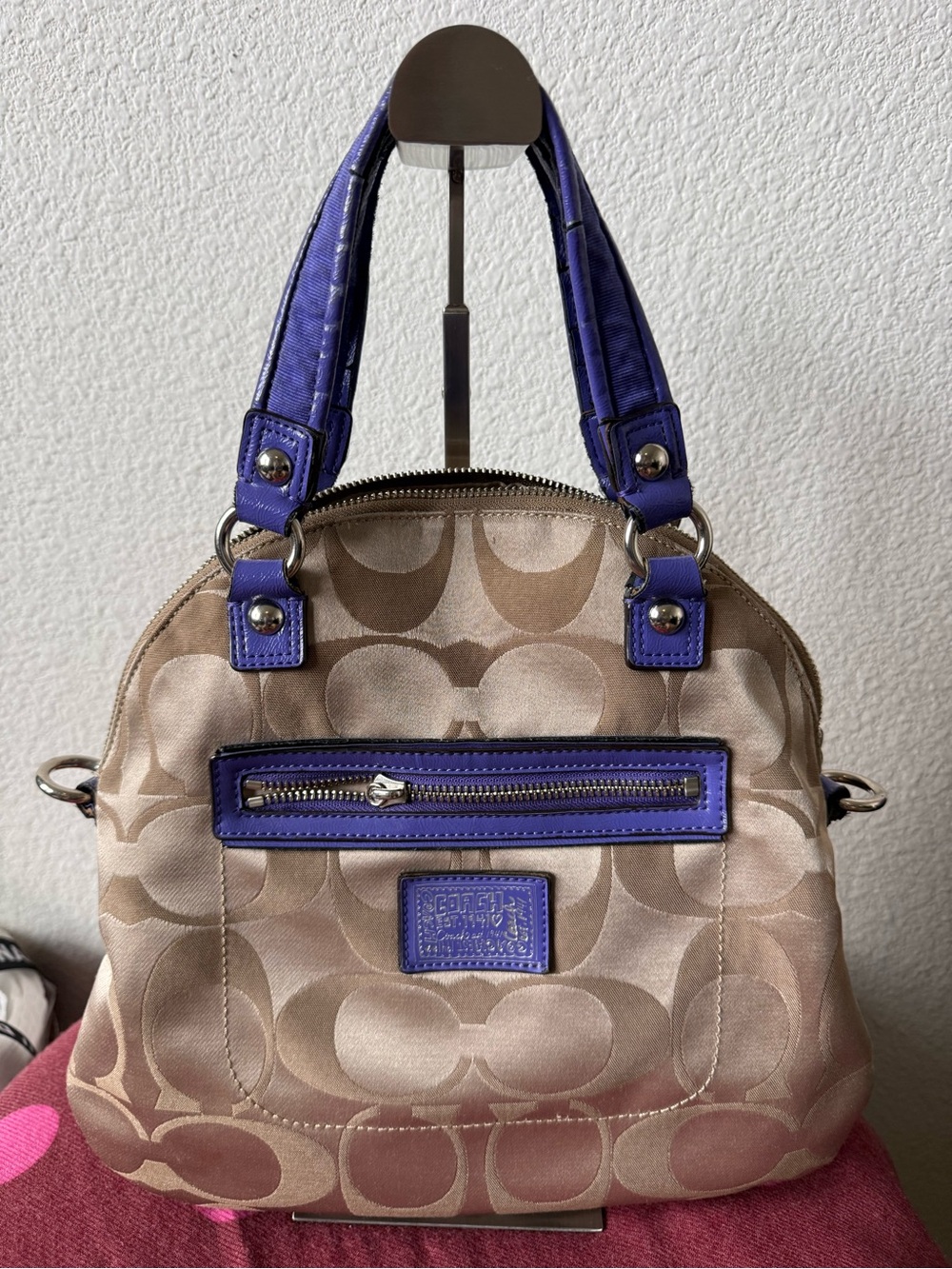Coach F21713 Signature Satin Jacquard Satchel Purple Trim Project Bag Authentic